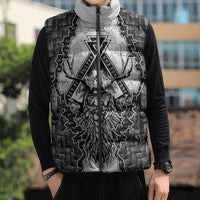 Odin and Skull Warrior Norse Mythology Sleeveless Puffer Jacket Viking Black and White Engraved Stone Art