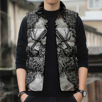 Odin and Skull Warrior Norse Mythology Sleeveless Puffer Jacket Viking Black and White Engraved Stone Art
