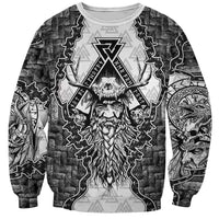 Odin and Skull Warrior Norse Mythology Sweatshirt Viking Black and White Engraved Stone Art