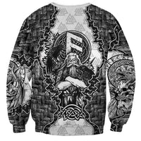 Odin and Skull Warrior Norse Mythology Sweatshirt Viking Black and White Engraved Stone Art