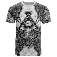 Odin and Skull Warrior Norse Mythology T Shirt Viking Black and White Engraved Stone Art