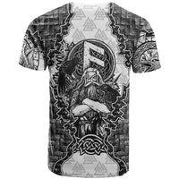 Odin and Skull Warrior Norse Mythology T Shirt Viking Black and White Engraved Stone Art