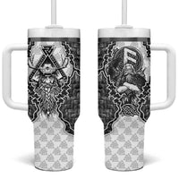 Odin and Skull Warrior Norse Mythology Tumbler With Handle Viking Black and White Engraved Stone Art