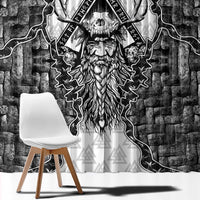Odin and Skull Warrior Norse Mythology Window Curtain Viking Black and White Engraved Stone Art