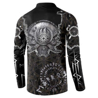 Viking Elder and Helm of Awe Norse Mythology Button Sweatshirt Monochrome Rune Engraving Style