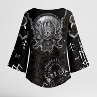 Viking Elder and Helm of Awe Norse Mythology Kimono Sleeve Blouse Monochrome Rune Engraving Style