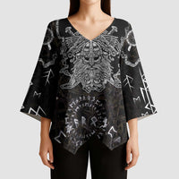 Viking Elder and Helm of Awe Norse Mythology Kimono Sleeve Blouse Monochrome Rune Engraving Style