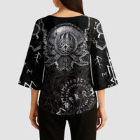Viking Elder and Helm of Awe Norse Mythology Kimono Sleeve Blouse Monochrome Rune Engraving Style