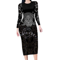Viking Elder and Helm of Awe Norse Mythology Long Sleeve Bodycon Dress Monochrome Rune Engraving Style