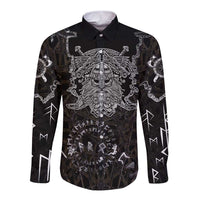 Viking Elder and Helm of Awe Norse Mythology Long Sleeve Button Shirt Monochrome Rune Engraving Style