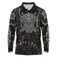 Viking Elder and Helm of Awe Norse Mythology Long Sleeve Polo Shirt Monochrome Rune Engraving Style