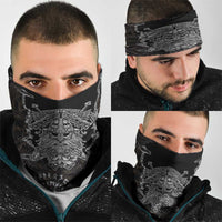 Viking Elder and Helm of Awe Norse Mythology Neck Gaiter Monochrome Rune Engraving Style