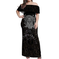 Viking Elder and Helm of Awe Norse Mythology Off Shoulder Maxi Dress Monochrome Rune Engraving Style