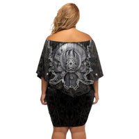 Viking Elder and Helm of Awe Norse Mythology Off Shoulder Short Dress Monochrome Rune Engraving Style