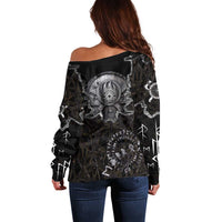 Viking Elder and Helm of Awe Norse Mythology Off Shoulder Sweater Monochrome Rune Engraving Style