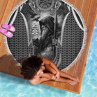 Odin and Viking Warrior Norse Mythology Beach Blanket Realistic Black and Grey Tattoo Style