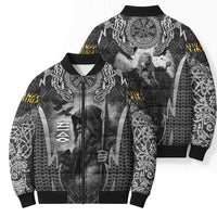 Odin and Viking Warrior Norse Mythology Bomber Puffer Jacket Realistic Black and Grey Tattoo Style