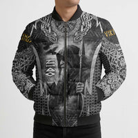 Odin and Viking Warrior Norse Mythology Bomber Puffer Jacket Realistic Black and Grey Tattoo Style