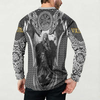 Odin and Viking Warrior Norse Mythology Button Sweatshirt Realistic Black and Grey Tattoo Style