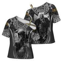 Odin and Viking Warrior Norse Mythology Cross Shoulder Shirt Realistic Black and Grey Tattoo Style