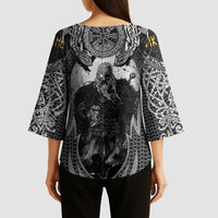 Odin and Viking Warrior Norse Mythology Kimono Sleeve Blouse Realistic Black and Grey Tattoo Style