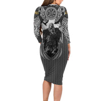 Odin and Viking Warrior Norse Mythology Long Sleeve Bodycon Dress Realistic Black and Grey Tattoo Style