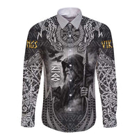 Odin and Viking Warrior Norse Mythology Long Sleeve Button Shirt Realistic Black and Grey Tattoo Style
