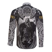 Odin and Viking Warrior Norse Mythology Long Sleeve Button Shirt Realistic Black and Grey Tattoo Style