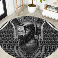 Odin and Viking Warrior Norse Mythology Round Carpet Realistic Black and Grey Tattoo Style