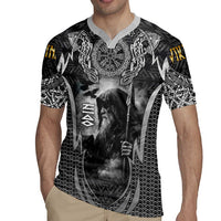 Odin and Viking Warrior Norse Mythology Rugby Jersey Realistic Black and Grey Tattoo Style