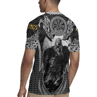 Odin and Viking Warrior Norse Mythology Rugby Jersey Realistic Black and Grey Tattoo Style
