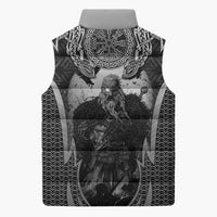 Odin and Viking Warrior Norse Mythology Sleeveless Puffer Jacket Realistic Black and Grey Tattoo Style