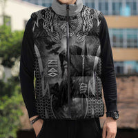 Odin and Viking Warrior Norse Mythology Sleeveless Puffer Jacket Realistic Black and Grey Tattoo Style