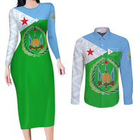Djibouti Cultural Couples Matching Long Sleeve Bodycon Dress and Long Sleeve Button Shirt National Emblem, Tribal Motifs and Red Star Symbol of Unity