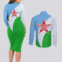 Djibouti Cultural Couples Matching Long Sleeve Bodycon Dress and Long Sleeve Button Shirt National Emblem, Tribal Motifs and Red Star Symbol of Unity