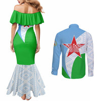Djibouti Cultural Couples Matching Mermaid Dress and Long Sleeve Button Shirt National Emblem, Tribal Motifs and Red Star Symbol of Unity