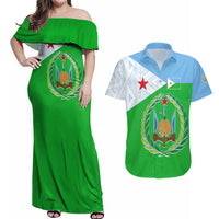 Djibouti Cultural Couples Matching Off Shoulder Maxi Dress and Hawaiian Shirt National Emblem, Tribal Motifs and Red Star Symbol of Unity