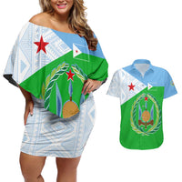 Djibouti Cultural Couples Matching Off Shoulder Short Dress and Hawaiian Shirt National Emblem, Tribal Motifs and Red Star Symbol of Unity