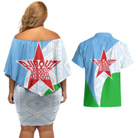Djibouti Cultural Couples Matching Off Shoulder Short Dress and Hawaiian Shirt National Emblem, Tribal Motifs and Red Star Symbol of Unity