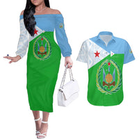 Djibouti Cultural Couples Matching Off The Shoulder Long Sleeve Dress and Hawaiian Shirt National Emblem, Tribal Motifs and Red Star Symbol of Unity