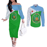 Djibouti Cultural Couples Matching Off The Shoulder Long Sleeve Dress and Long Sleeve Button Shirt National Emblem, Tribal Motifs and Red Star Symbol of Unity