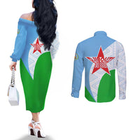 Djibouti Cultural Couples Matching Off The Shoulder Long Sleeve Dress and Long Sleeve Button Shirt National Emblem, Tribal Motifs and Red Star Symbol of Unity