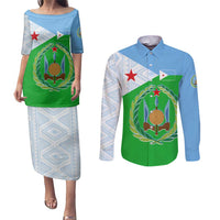 Djibouti Cultural Couples Matching Puletasi and Long Sleeve Button Shirt National Emblem, Tribal Motifs and Red Star Symbol of Unity
