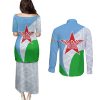 Djibouti Cultural Couples Matching Puletasi and Long Sleeve Button Shirt National Emblem, Tribal Motifs and Red Star Symbol of Unity