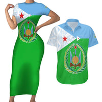 Djibouti Cultural Couples Matching Short Sleeve Bodycon Dress and Hawaiian Shirt National Emblem, Tribal Motifs and Red Star Symbol of Unity