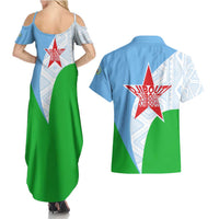 Djibouti Cultural Couples Matching Summer Maxi Dress and Hawaiian Shirt National Emblem, Tribal Motifs and Red Star Symbol of Unity