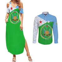 Djibouti Cultural Couples Matching Summer Maxi Dress and Long Sleeve Button Shirt National Emblem, Tribal Motifs and Red Star Symbol of Unity