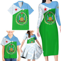 Djibouti Cultural Family Matching Long Sleeve Bodycon Dress and Hawaiian Shirt National Emblem, Tribal Motifs and Red Star Symbol of Unity