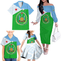 Djibouti Cultural Family Matching Off The Shoulder Long Sleeve Dress and Hawaiian Shirt National Emblem, Tribal Motifs and Red Star Symbol of Unity