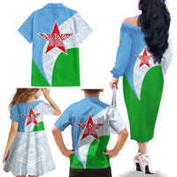 Djibouti Cultural Family Matching Off The Shoulder Long Sleeve Dress and Hawaiian Shirt National Emblem, Tribal Motifs and Red Star Symbol of Unity